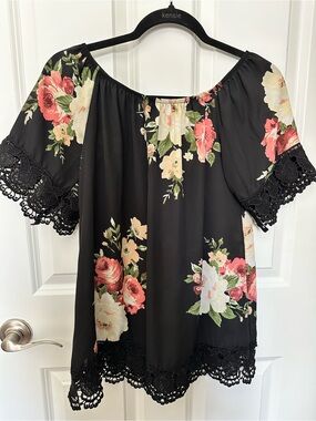 Haute Project Black Floral Off-Shoulder Blouse with Crochet Trim